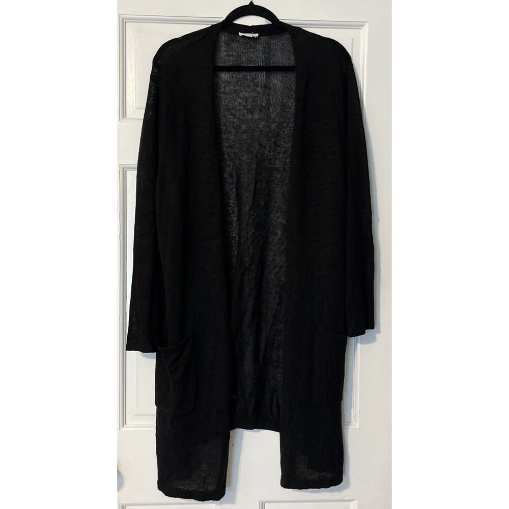 J Jill Cardigan 2X Linen Blend Black Open Front Long Lightweight Sweater Coastal